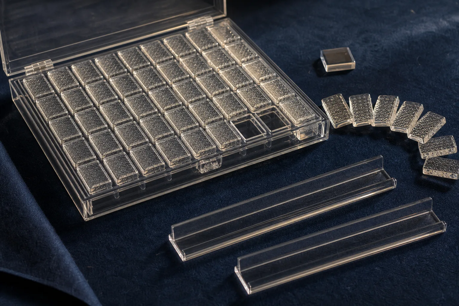 Acrylic mahjong material and storage concept with translucent tiles placed face-down in an open clear case beside two racks