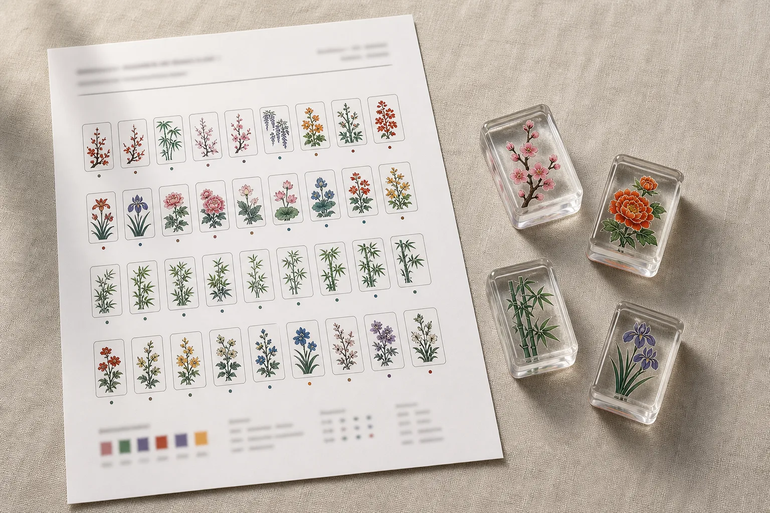 Flat-lay of a printed tile face proof sheet next to sample acrylic mahjong tiles for comparison and approval