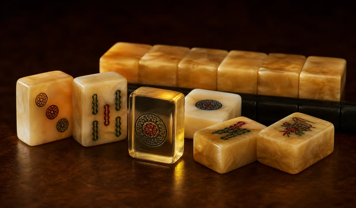 Heritage-styled modern mahjong set with butterscotch and warm amber cast acrylic PMMA tiles arranged on dark felt, glossy polished faces and crisp engraved characters catching soft light