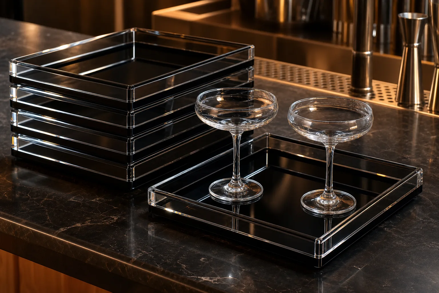 Black acrylic bar serving trays with raised rims stacked beside a cocktail station, one tray carrying glassware on a textured anti-slip surface
