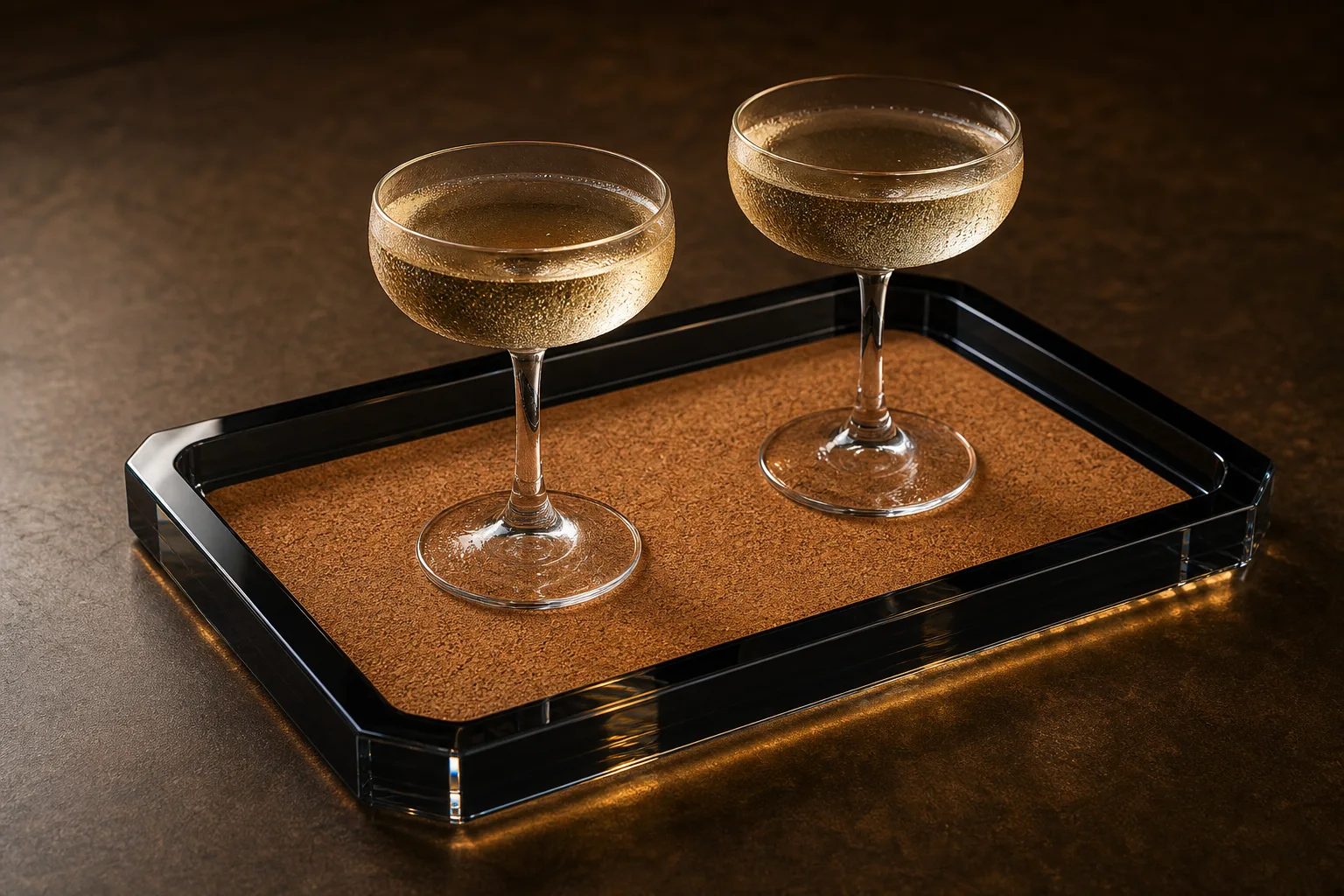 Close-up of a black acrylic bar serving tray with a raised polished rim and recessed cork anti-slip liner, holding two cocktail glasses under warm bar lighting