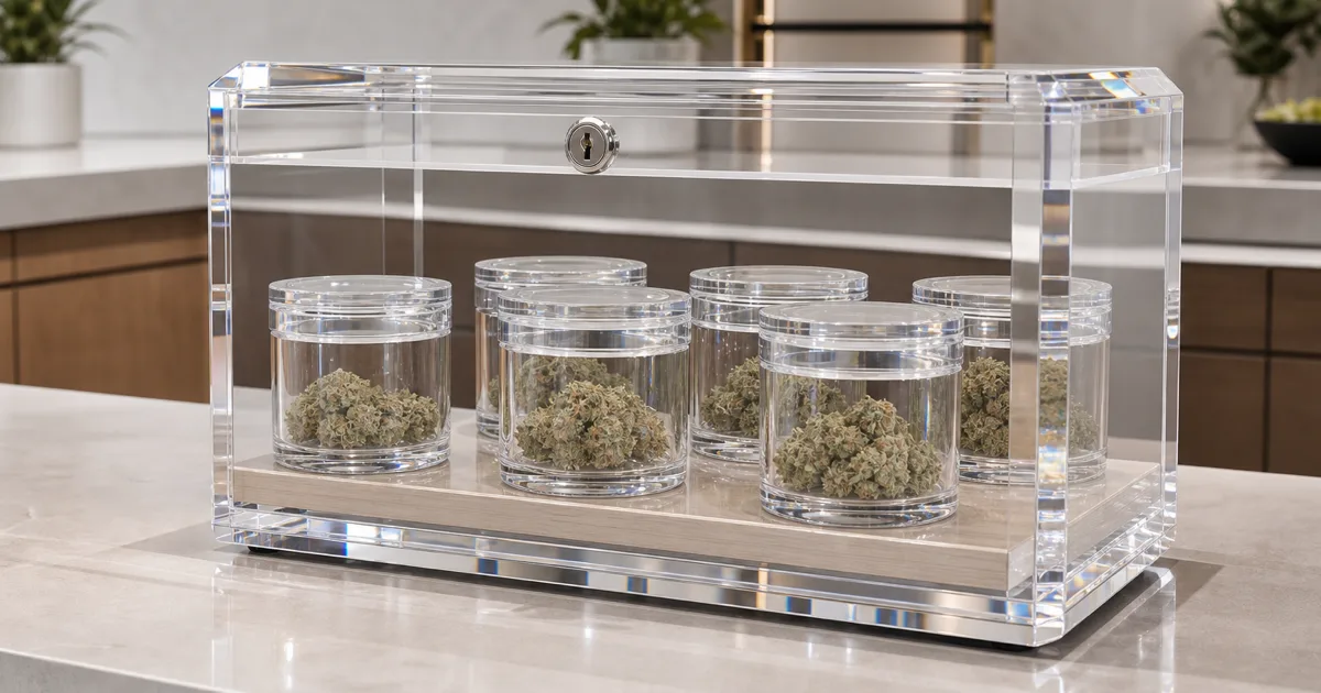Clear cast acrylic cannabis dispensary display fixtures — a lockable counter case, product display jars, a pre-roll tray, and a menu sign holder arranged on a retail counter