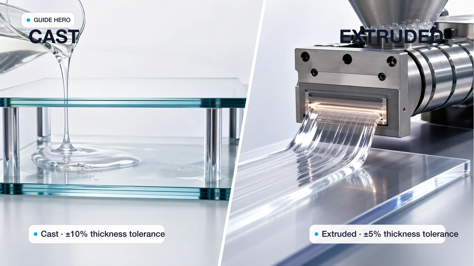Side-by-side comparison of cast acrylic sample panel and extruded acrylic sample panel at 6mm thickness — showing edge clarity and molecular structure difference