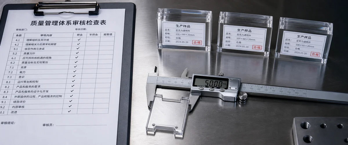 Top-down audit-bench view: a Quality Management System checklist clipboard, a digital caliper measuring an edge-polished clear acrylic component, and three production sample blocks lined up alongside