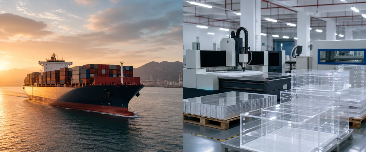 Split-frame editorial scene of a container ship loaded with acrylic-export containers at a Shenzhen port at golden hour beside a bright USA acrylic fabrication shop floor with a CNC machine and operator at work