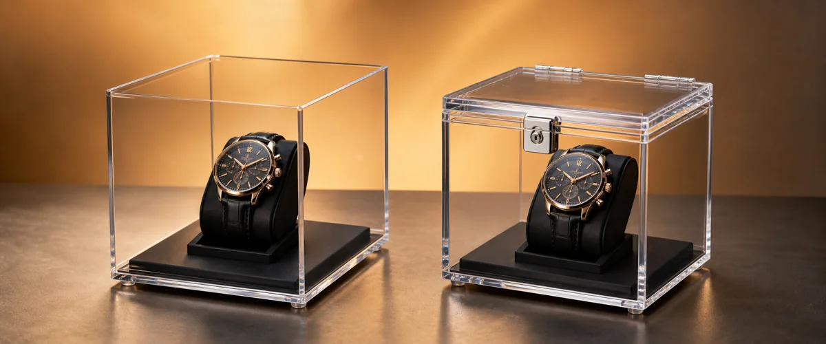 Side-by-side comparison of an open clear acrylic box for display and a lidded acrylic display case with hinge and lock, each housing a premium retail product