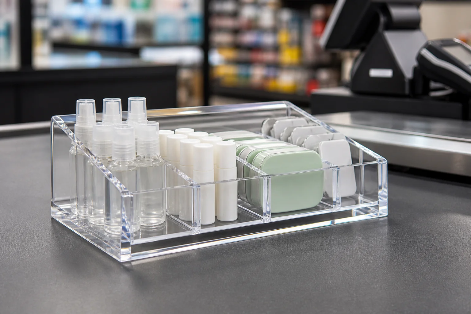 Clear acrylic countertop display with product wells on a retail checkout counter, glossy cast PMMA with light refraction at the polished edges