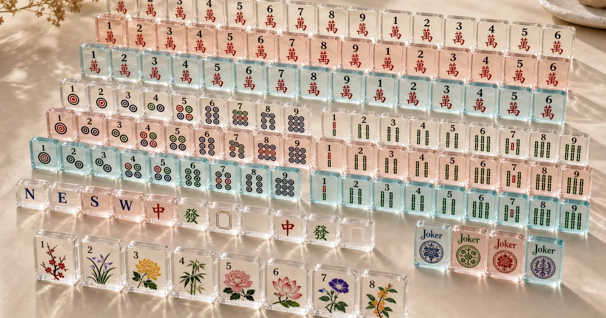 A colorful custom acrylic American mahjong set laid out on a warm neutral tabletop — translucent glossy cast-acrylic tiles in clear, blush pink and aqua, with Arabic-numeral number suits (craks, bams, dots), N/E/S/W winds, red/green/white dragons, joker tiles, and flower tiles