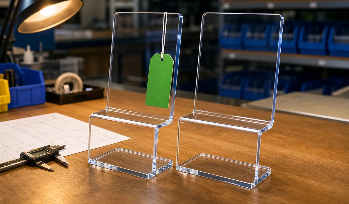 Approved acrylic display stand sample beside a finished production unit on a neutral studio background, both in glossy clear cast PMMA with identical dimensions and polished edges