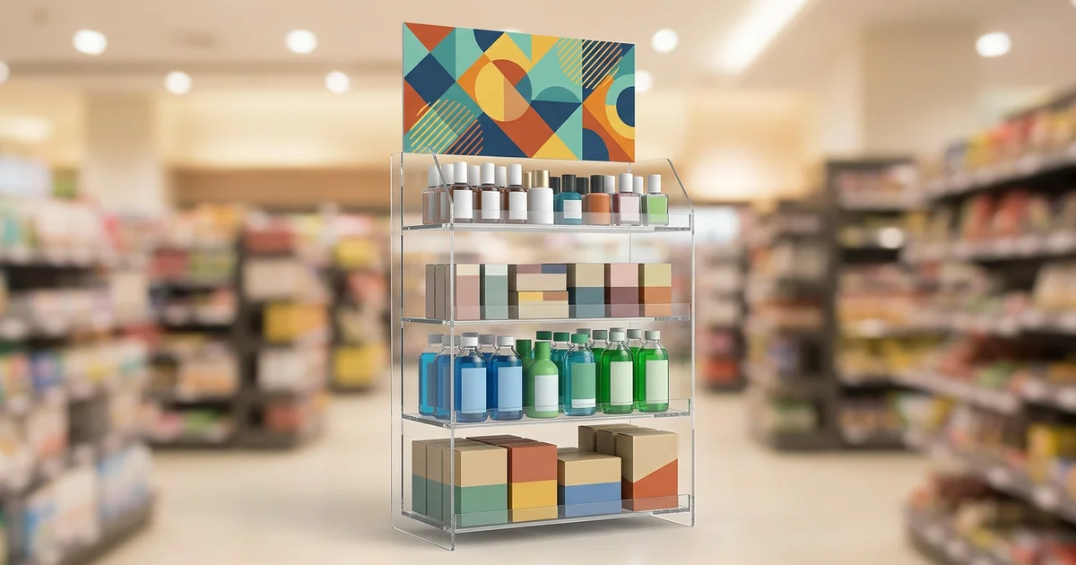 Custom acrylic POP display stand with branded graphics on a retail floor, demonstrating merchandising of consumer packaged goods
