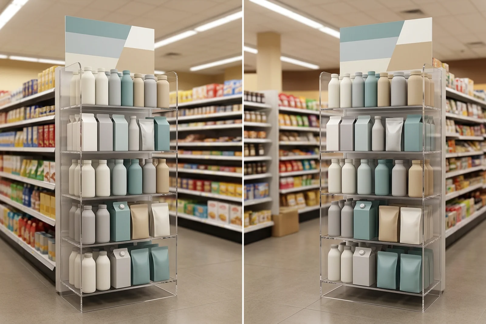 Custom acrylic freestanding floor POP display stand on a retail aisle endcap, showing branded graphics and product-loaded shelves — point of purchase display in use