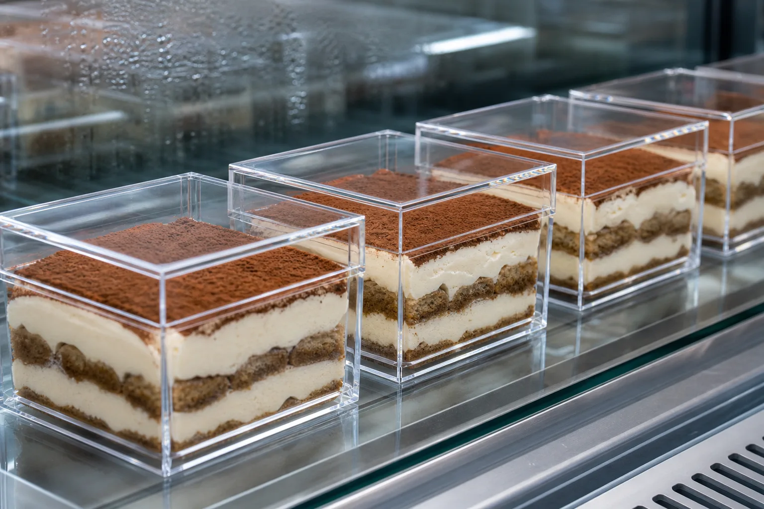Row of clear food safe acrylic boxes with lift-off lids holding layered tiramisu portions on a refrigerated cafe counter shelf, polished PMMA edges refracting the chiller light