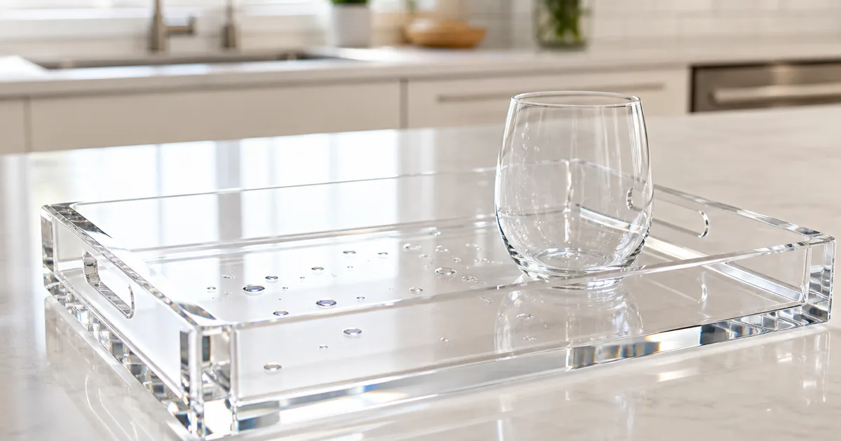 Clear cast acrylic serving tray with water droplets and a glass tumbler on a kitchen counter after dishwashing, light refracting through the polished PMMA edge