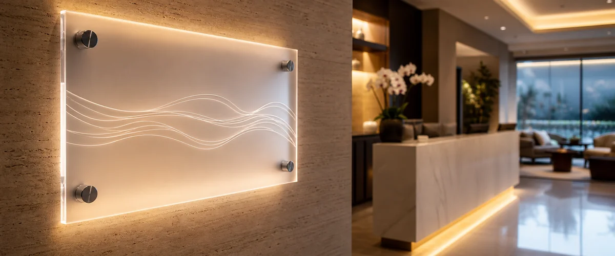Backlit frosted acrylic sheet wayfinding panel in a boutique-hotel reception, comparable to sandblasted glass signage