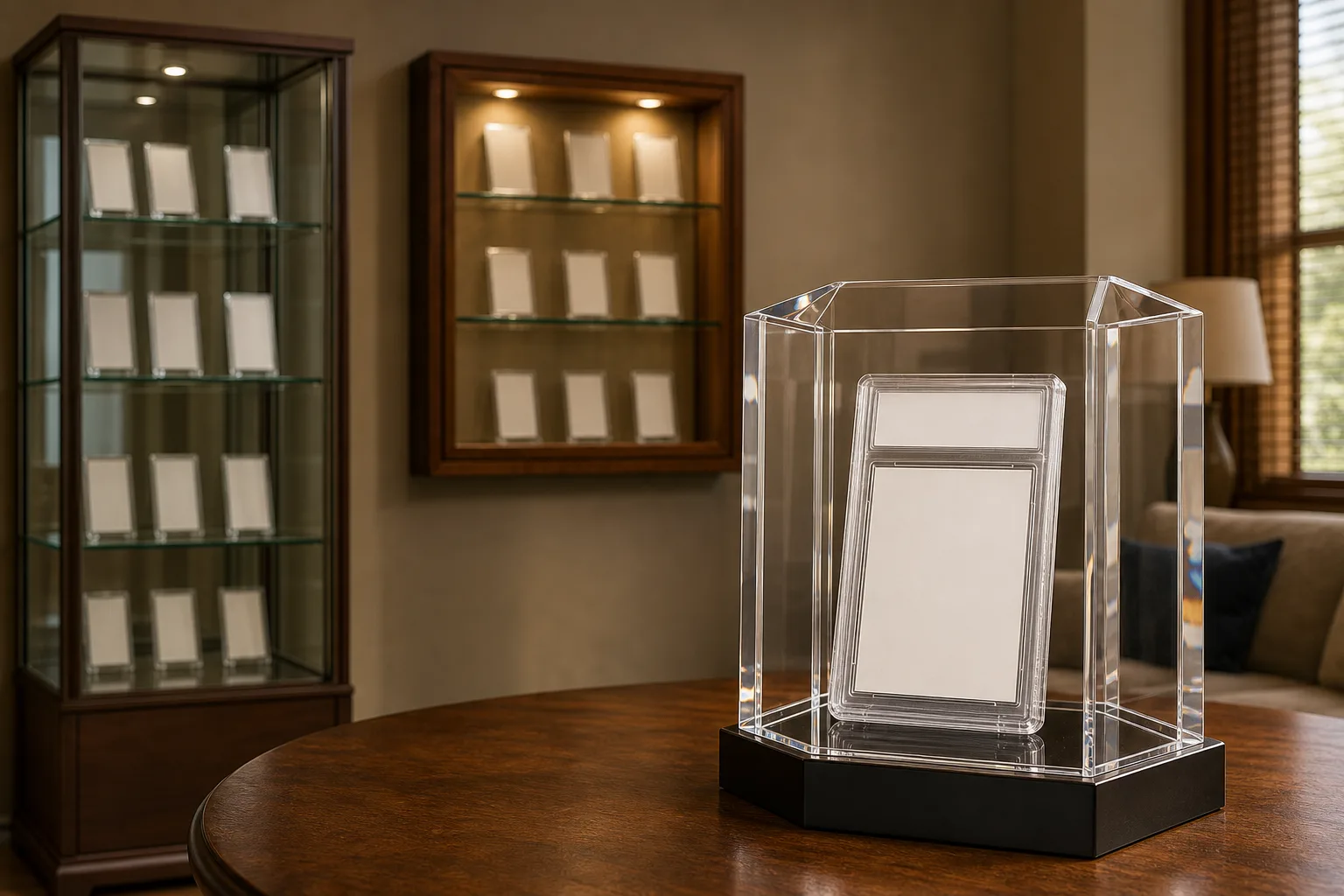 Glass vs acrylic display case comparison for collectibles — a clear acrylic display case with a graded card and figures beside a glass cabinet with wood frame