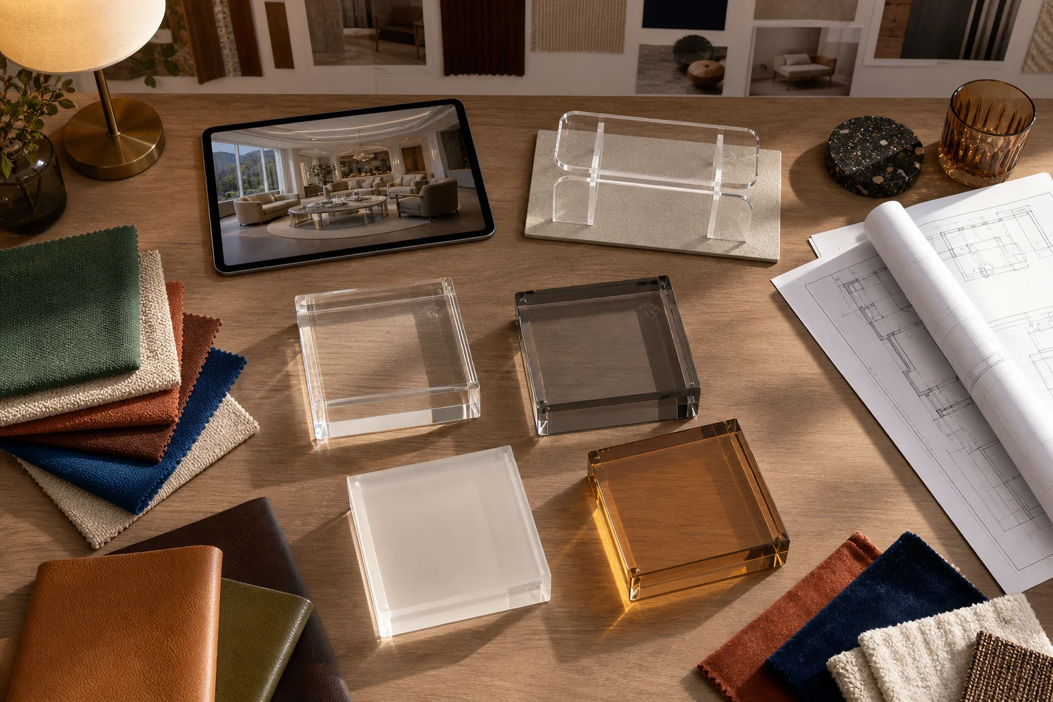 Designer's workspace with acrylic material samples, fabric swatches, and a rendered table