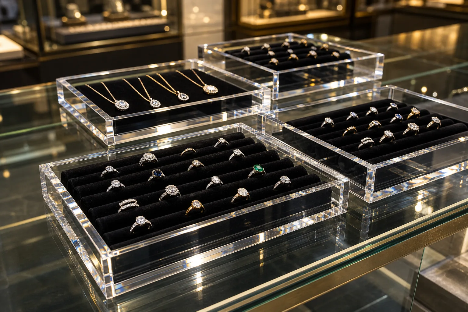 Clear acrylic jewelry display trays with black velvet ring-row inserts holding rings and pendants on a boutique counter