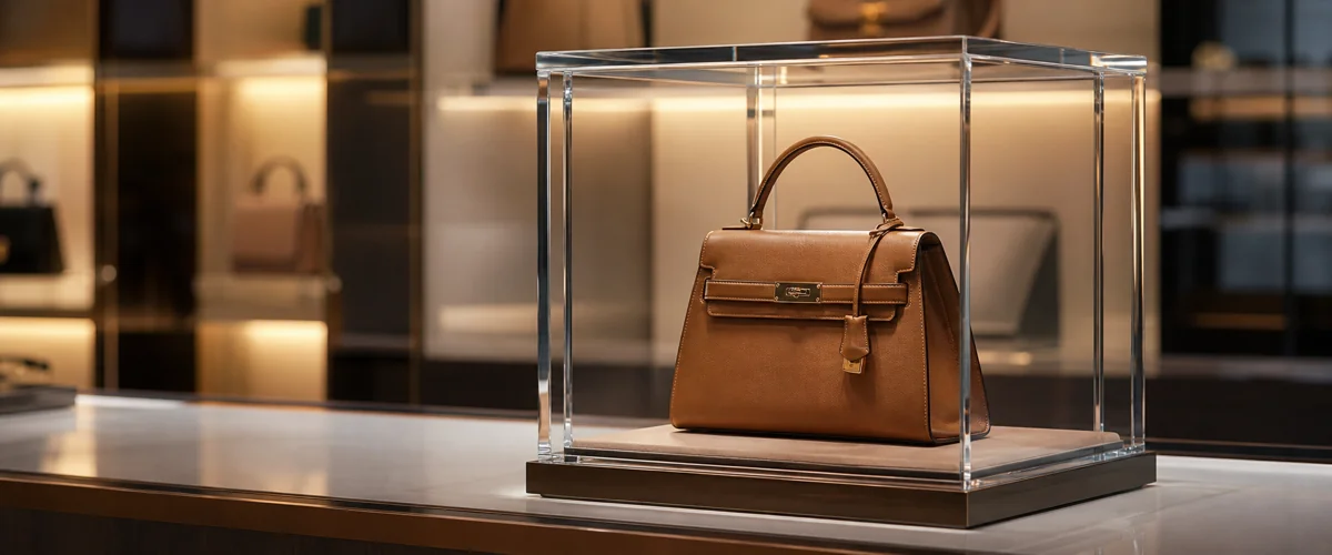 Large transparent cast acrylic display box housing a luxury handbag in a premium retail boutique scene