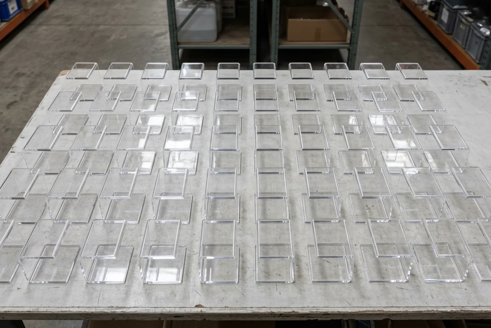 Rows of identical clear cast PMMA acrylic display risers on a warehouse surface, illustrating the scale of a 100-piece production run.