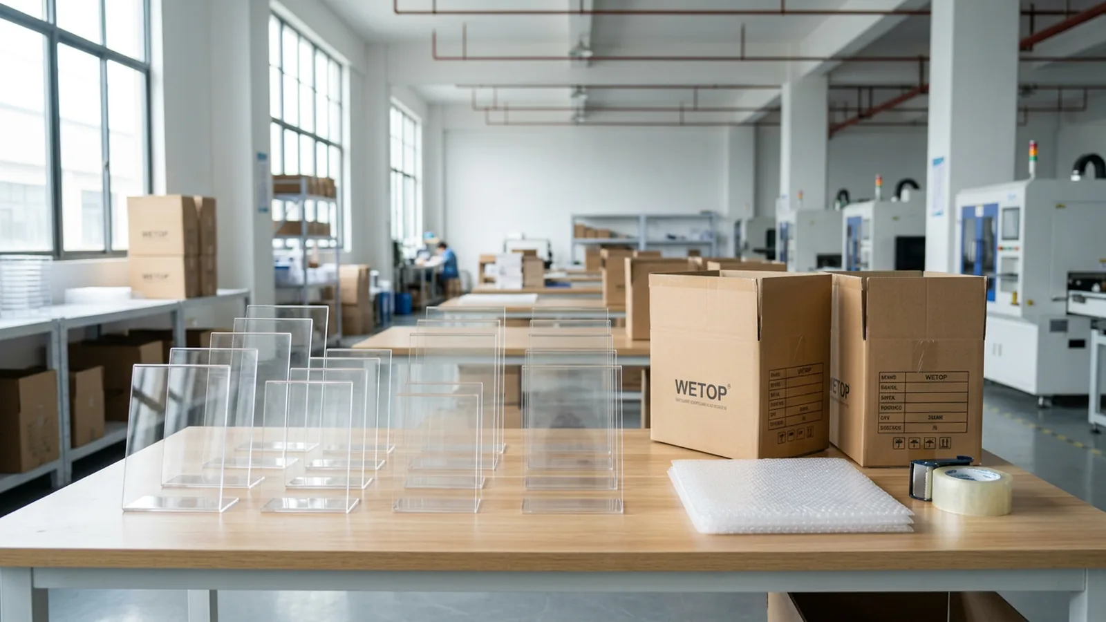Small batch of custom low MOQ acrylic display stands arranged on a production table