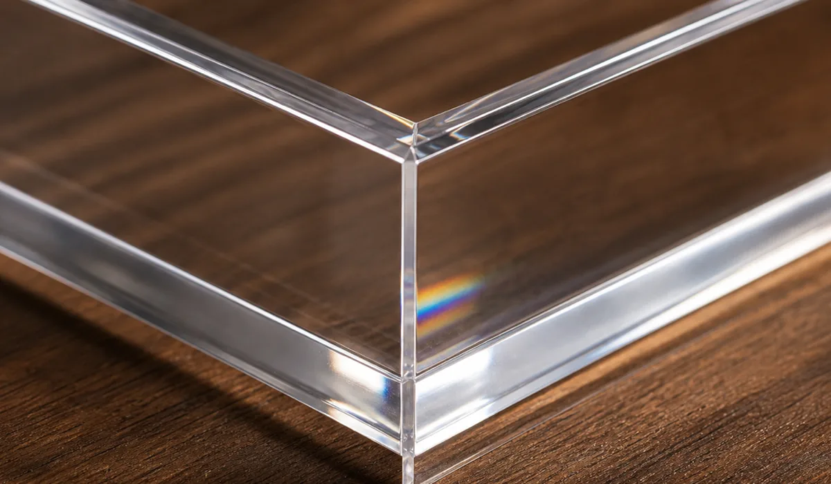 Macro close-up of a mitered 45-degree corner joint on a clear lucite acrylic tray, light refracting through the bubble-free cemented seam