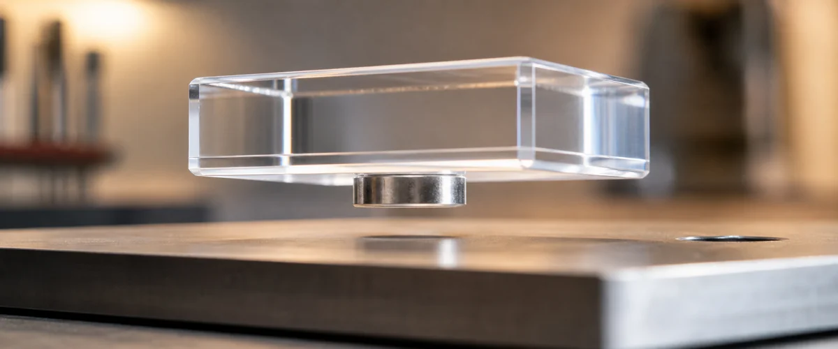 Acrylic block with embedded neodymium magnet hovering above a steel base plate showing magnetic pull
