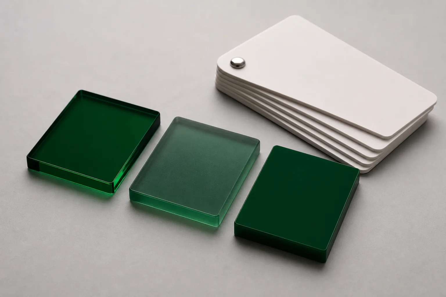 Custom color acrylic swatch chips in transparent, translucent, and solid opaque versions of the same green hue arranged beside a Pantone fan deck on a neutral studio surface
