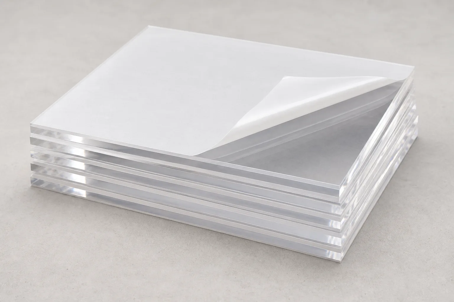 Clear cast acrylic sheets — the material sold as plexiglass, Plexiglas, Perspex, and Lucite — stacked with protective masking film peeled back at one corner