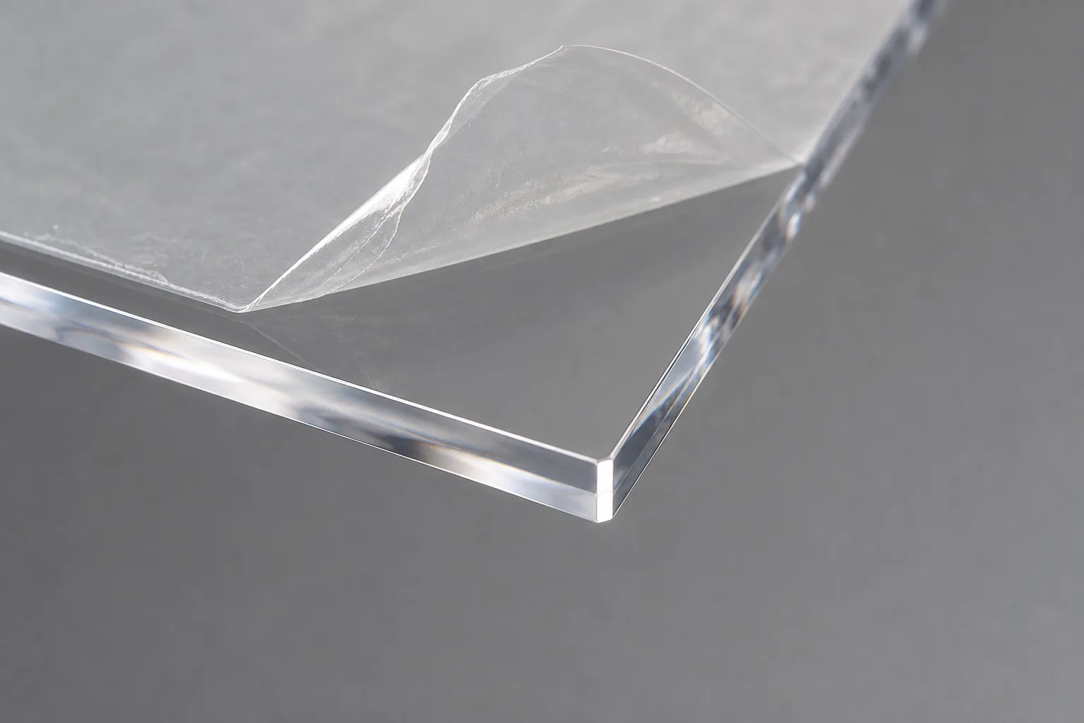 Corner of a clear cast acrylic sheet — the material behind the plexiglass vs acrylic naming question — with white protective masking film peeled back to show the polished PMMA surface