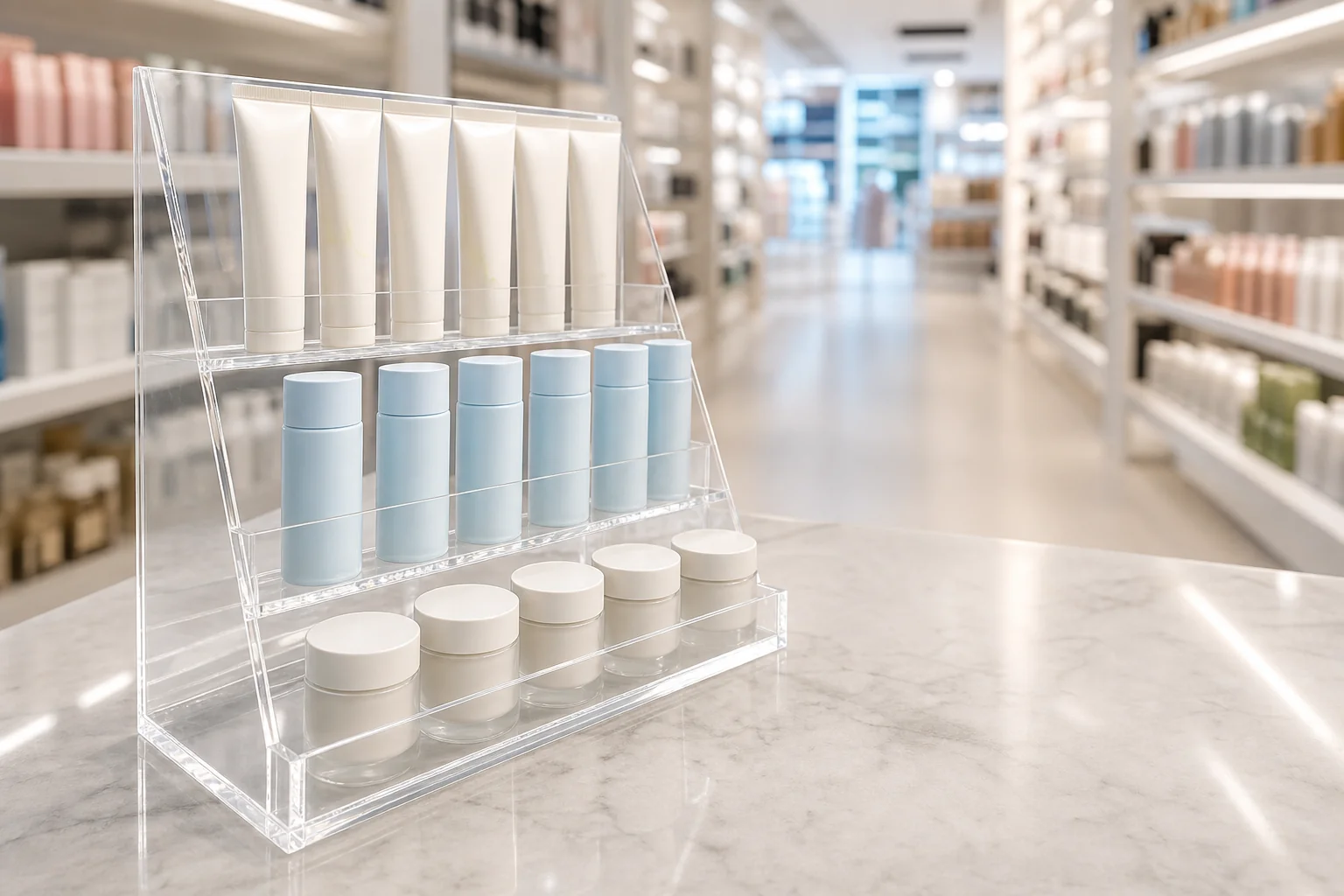 Clear acrylic countertop retail display stand with polished PMMA edges in a bright store aisle