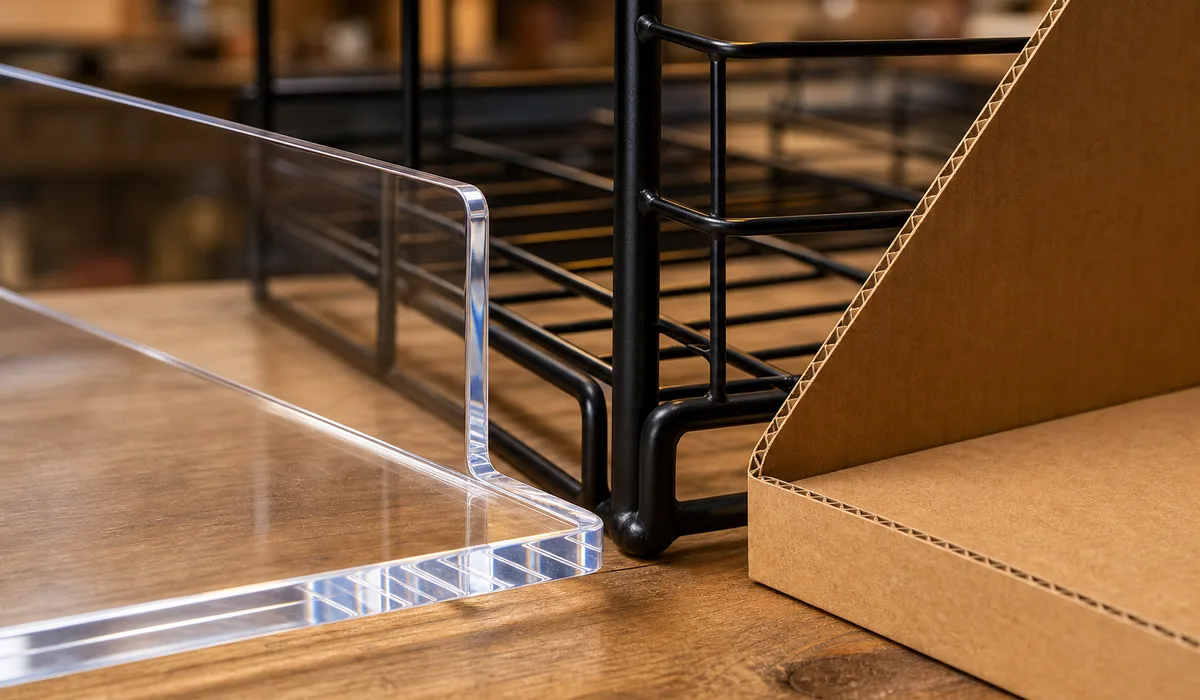 Macro detail of a polished clear acrylic display stand edge beside a powder-coated wire rack junction, PMMA retail fixture material comparison