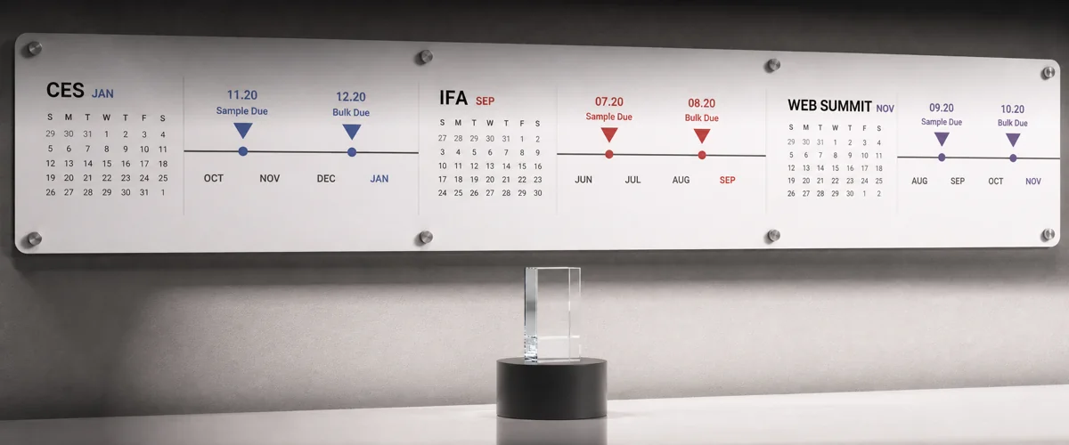 Wall-mounted timeline calendar showing CES, IFA, and Web Summit countdown dates, with marker arrows pointing to sample-due and bulk-due deadlines, a physical acrylic sample on a pedestal beneath