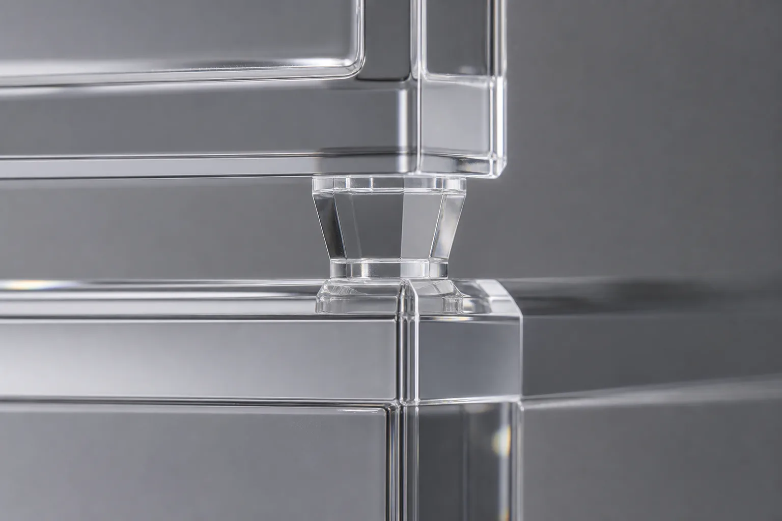 Macro close-up of two stacked clear acrylic boxes where a chamfered stacking lug on the lower lid registers into the base recess of the box above, seated directly over the wall line