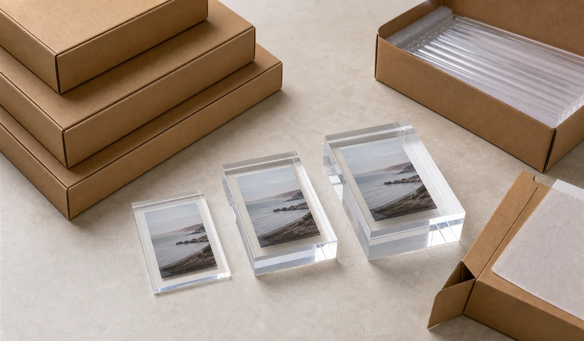 Flat lay of acrylic picture frame samples in three sizes arranged with kraft export packaging boxes, wholesale frame order spec scene