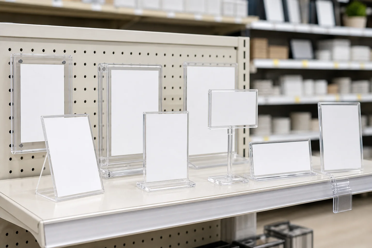 Array of acrylic sign holders in various sizes and styles on a retail shelf edge