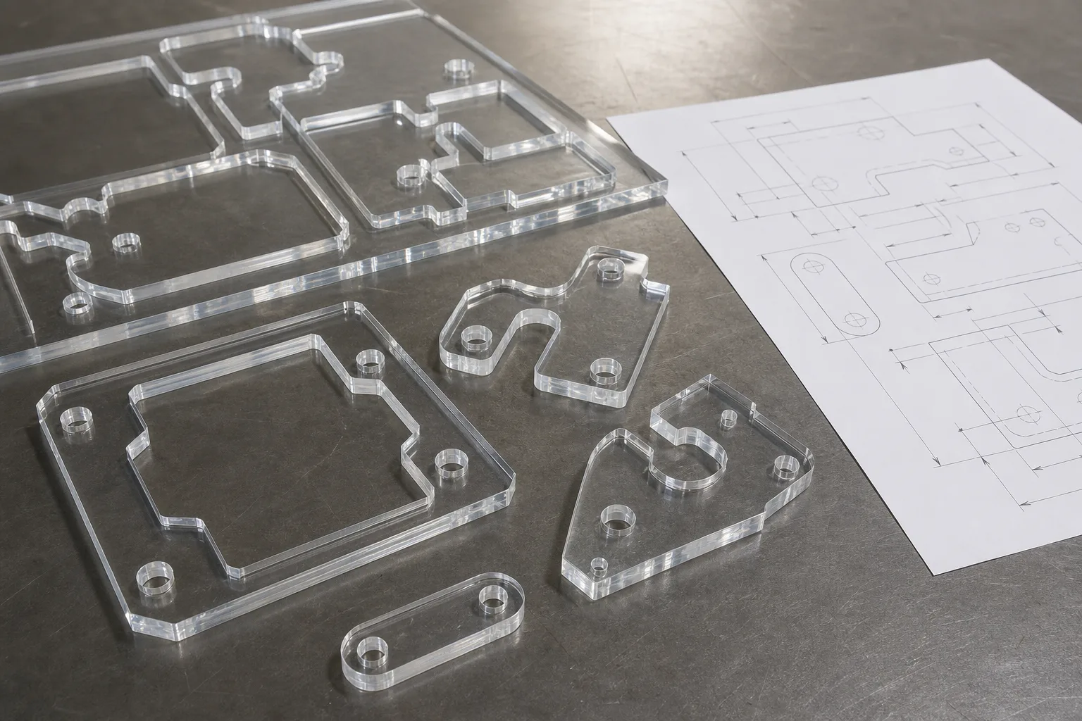 Clear cast acrylic parts freshly CNC-cut from a plexiglass sheet laid on a workbench beside the digital cutting drawing, showing sheet-nested custom shapes with no mold present