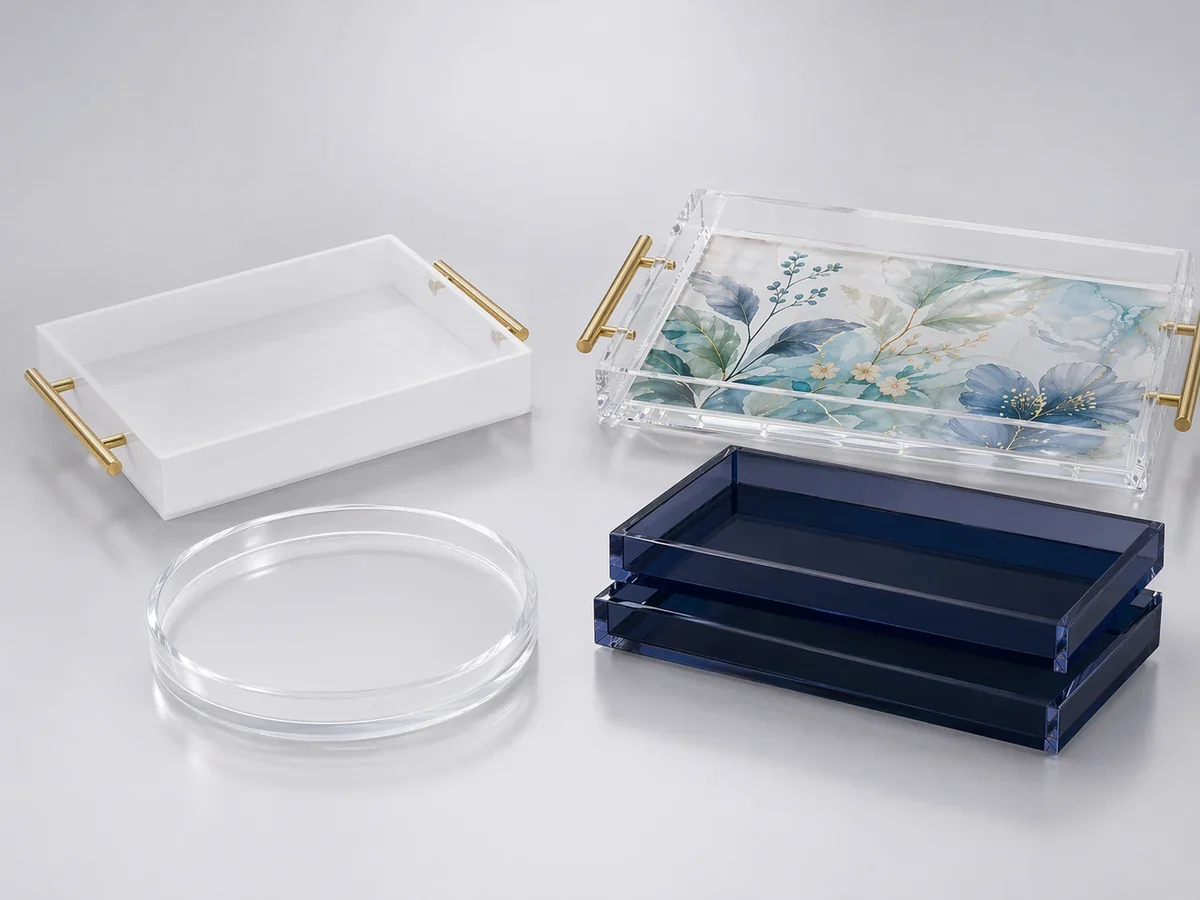 Custom acrylic trays — serving, organizer, and vanity
