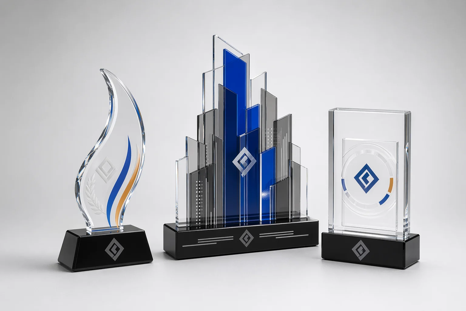 Custom acrylic trophies assortment showing a freestanding flame award, a blue multi-layer trophy, and a rectangular block trophy with an engraved circular emblem on a black base