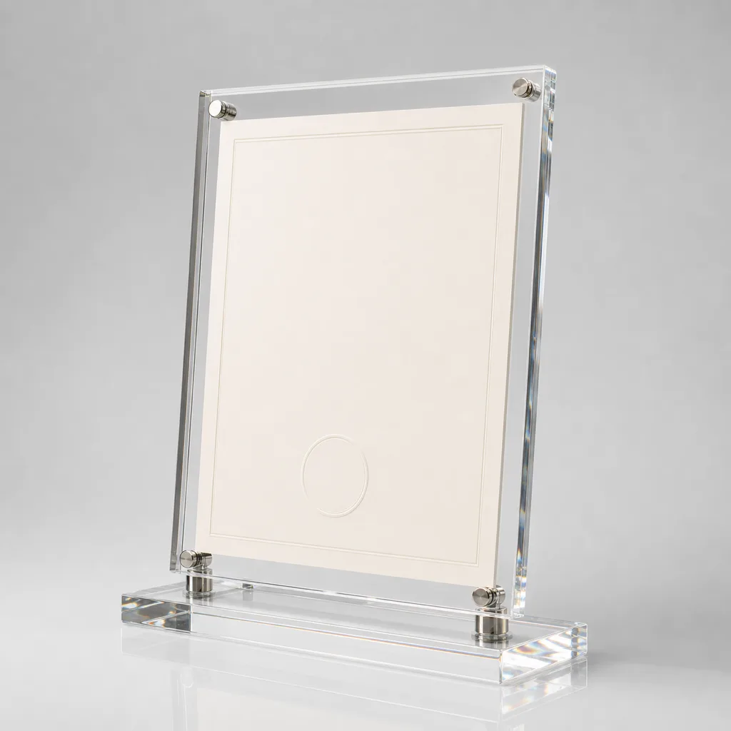 Clear acrylic certificate frame with standoff pillars holding a blank recognition certificate on a solid acrylic base