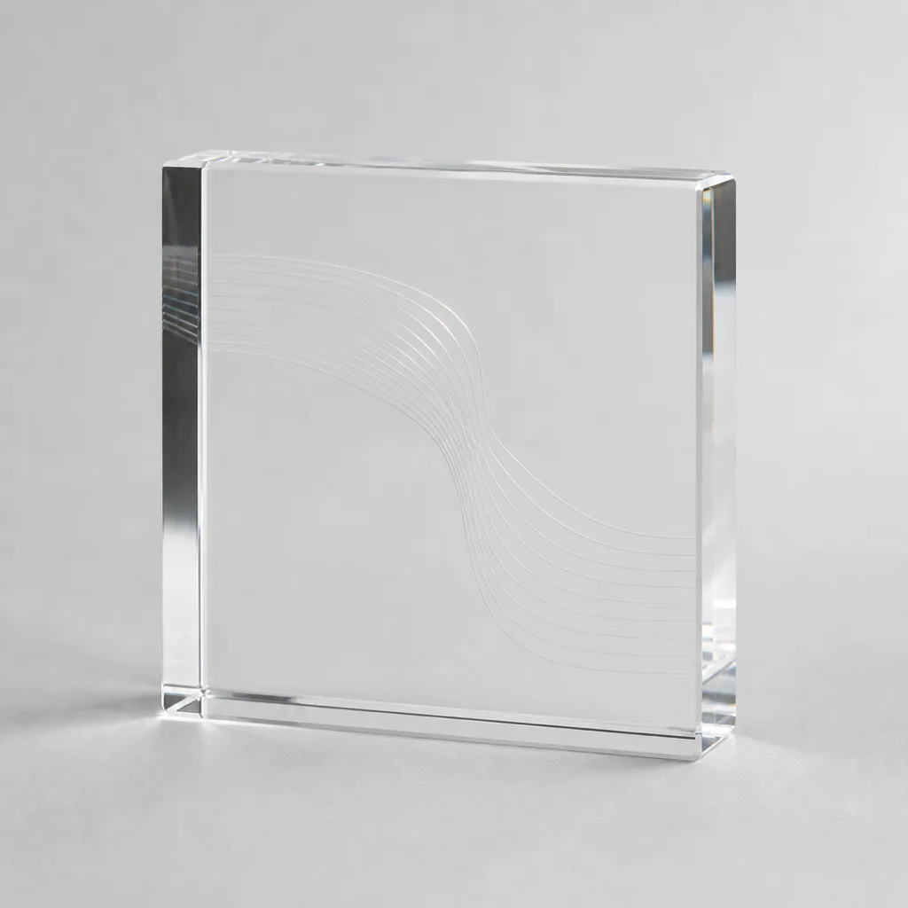 Solid clear acrylic paperweight block with a subsurface 3D laser-engraved logo, diamond-polished on all faces