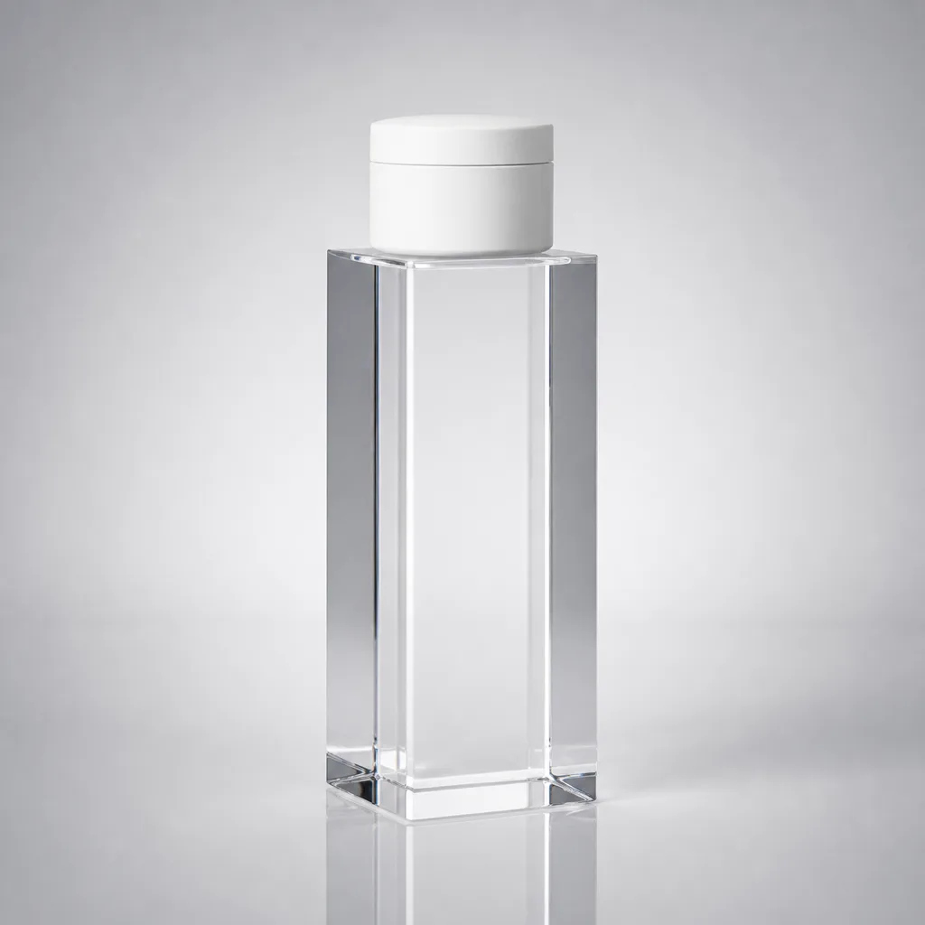 Tall clear acrylic pedestal riser block elevating a single hero product as a glass plinth