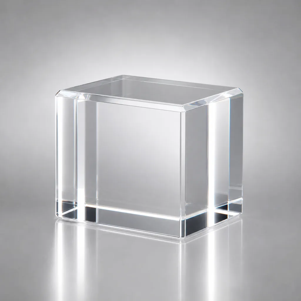 Solid clear acrylic block cut from a single piece of cast PMMA, polished on all faces