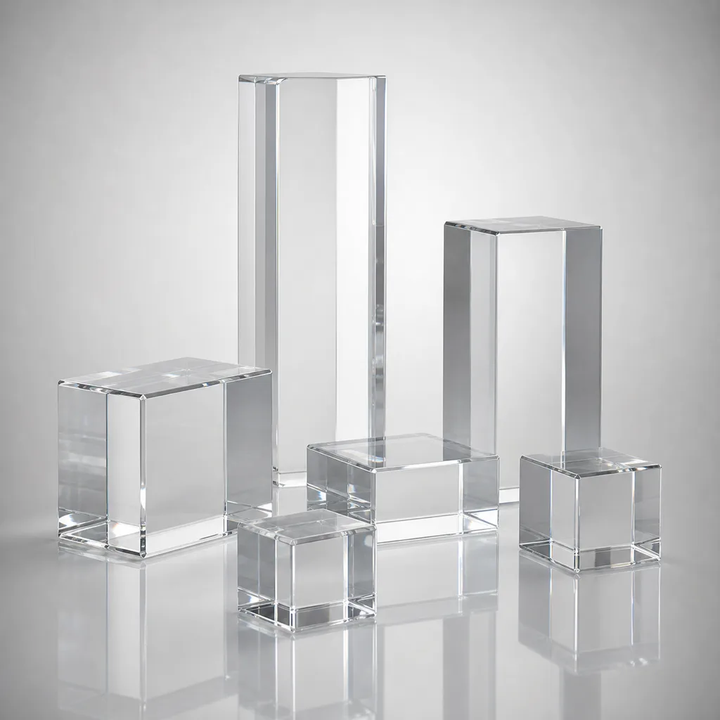 Solid clear acrylic display block, diamond-polished on all six sides, with glass-like optical clarity
