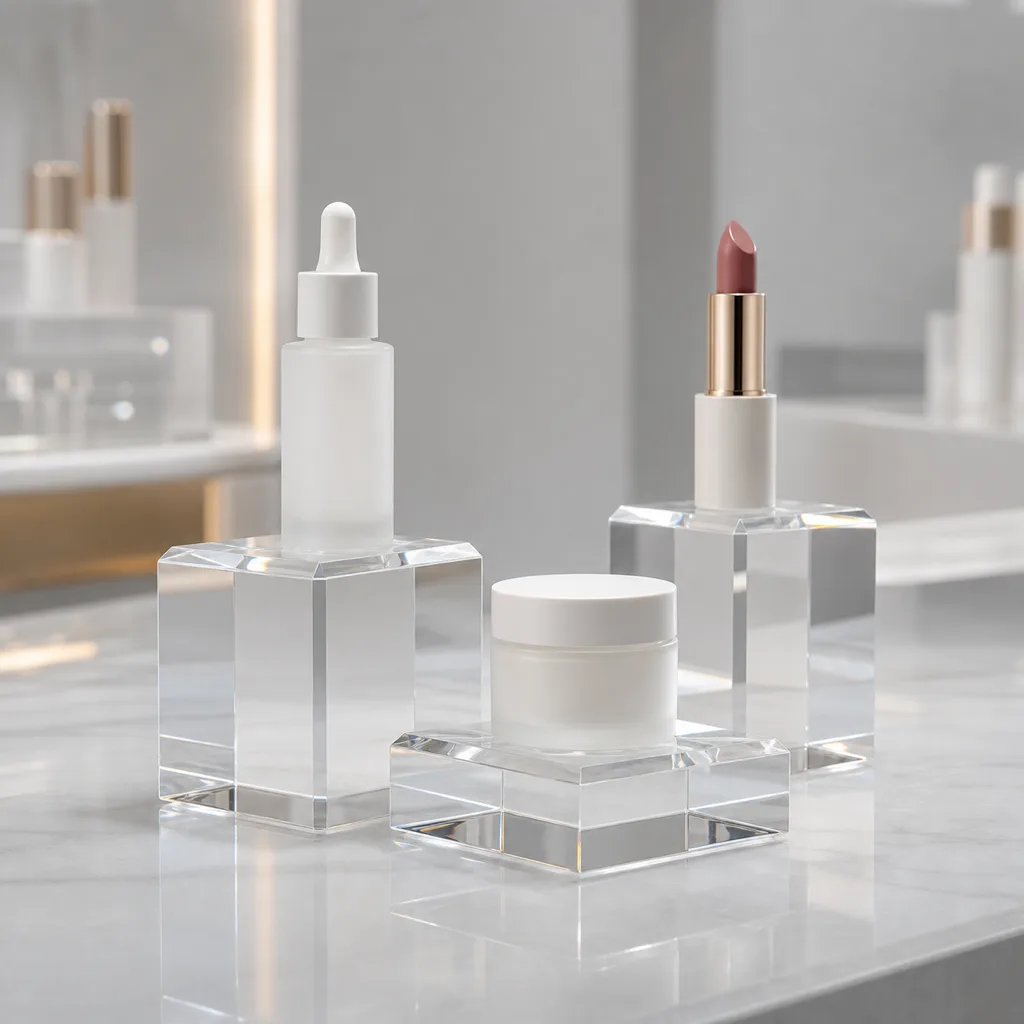 Clear acrylic pedestal blocks staging cosmetics on a retail display
