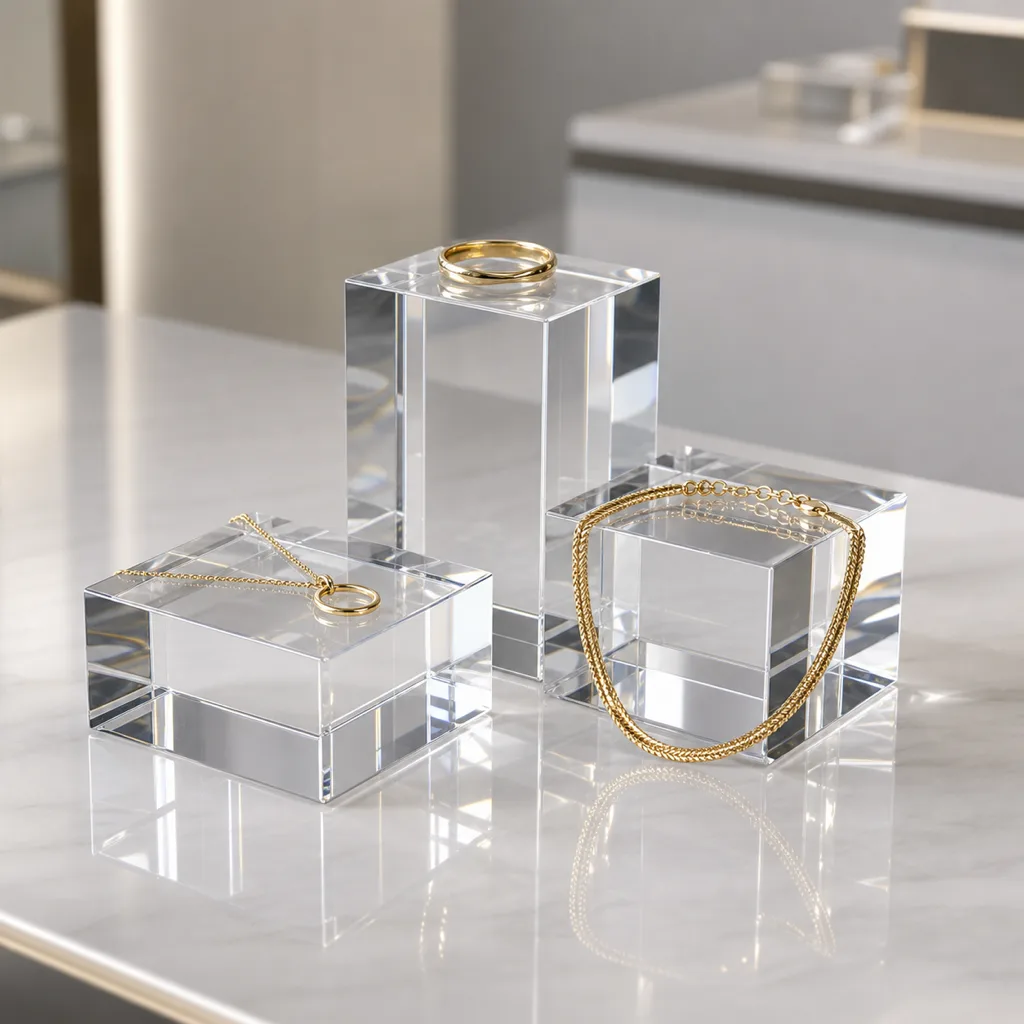 Solid clear acrylic display blocks used as jewelry risers on a retail counter