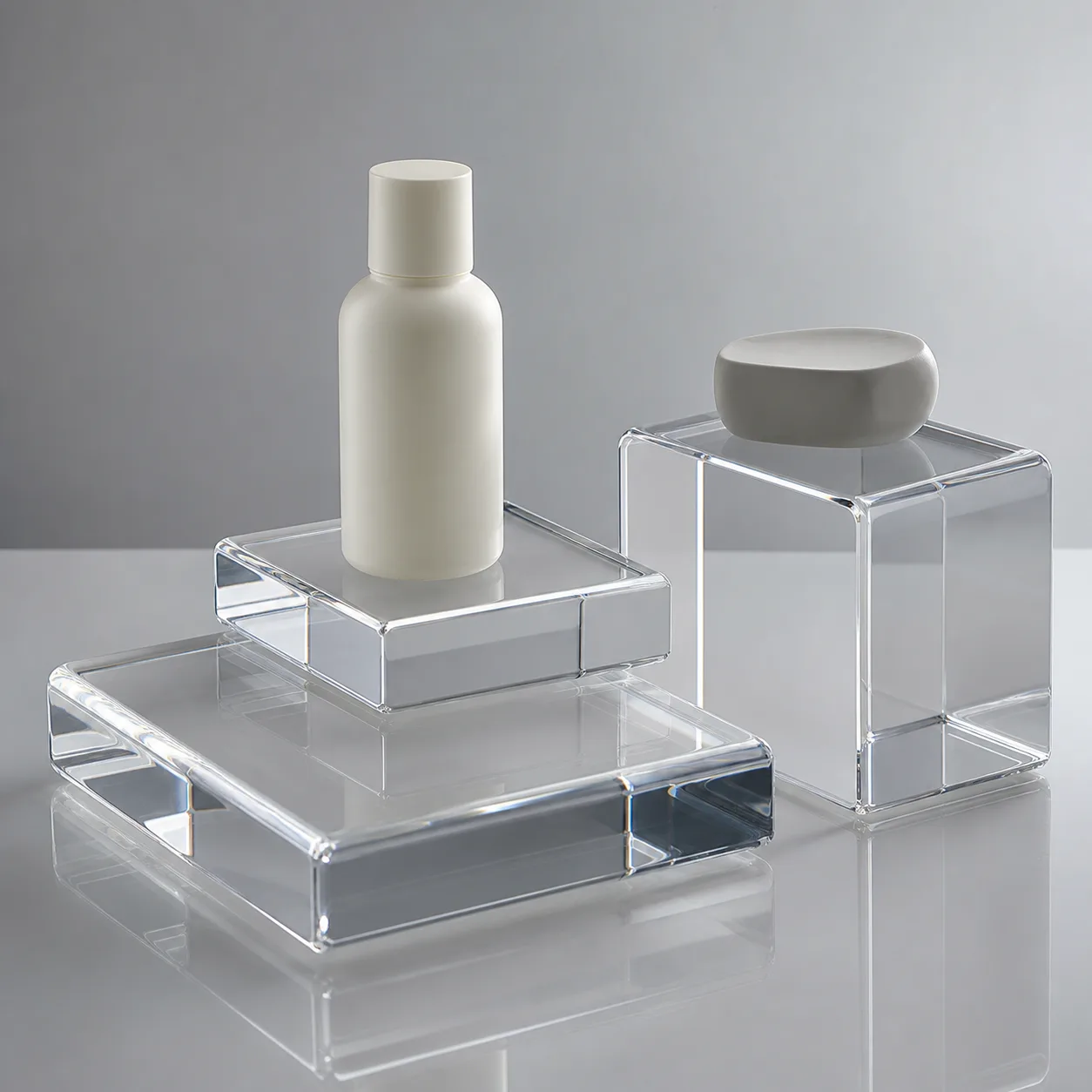 Mixed-thickness clear acrylic blocks used as photography elevation props