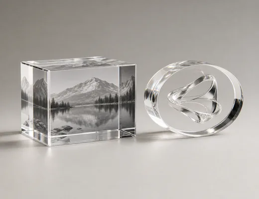 Clear acrylic photo cube and branded acrylic paperweight on a studio surface