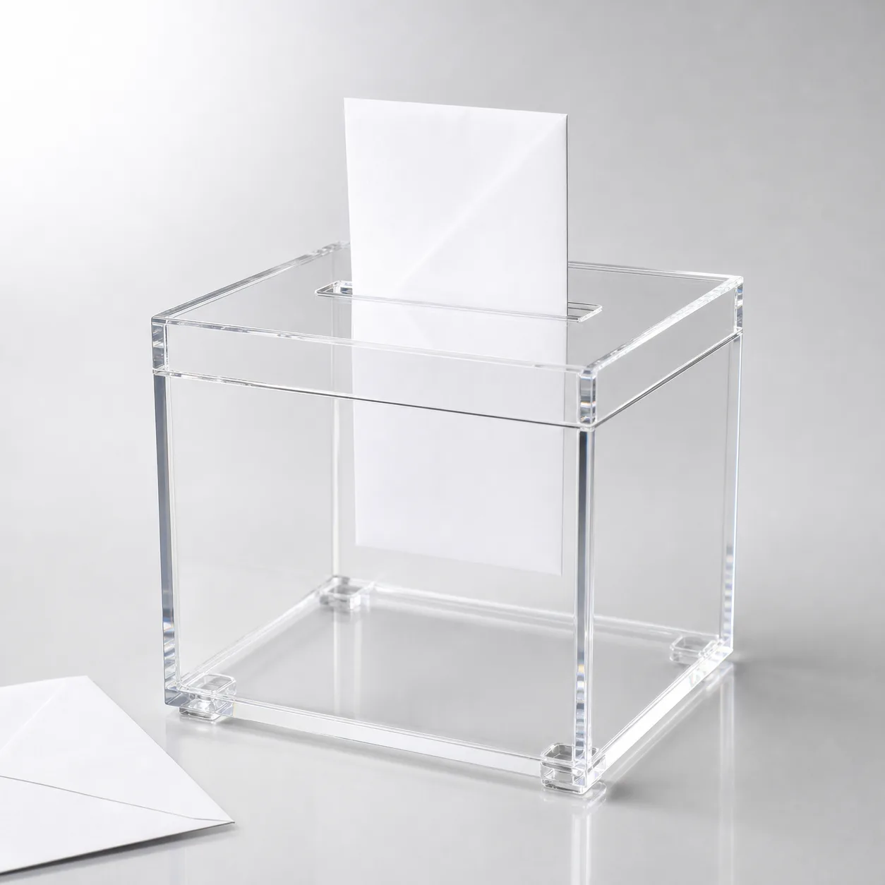 Custom acrylic slot-top card box for a wedding reception with an envelope slot cut into the lid