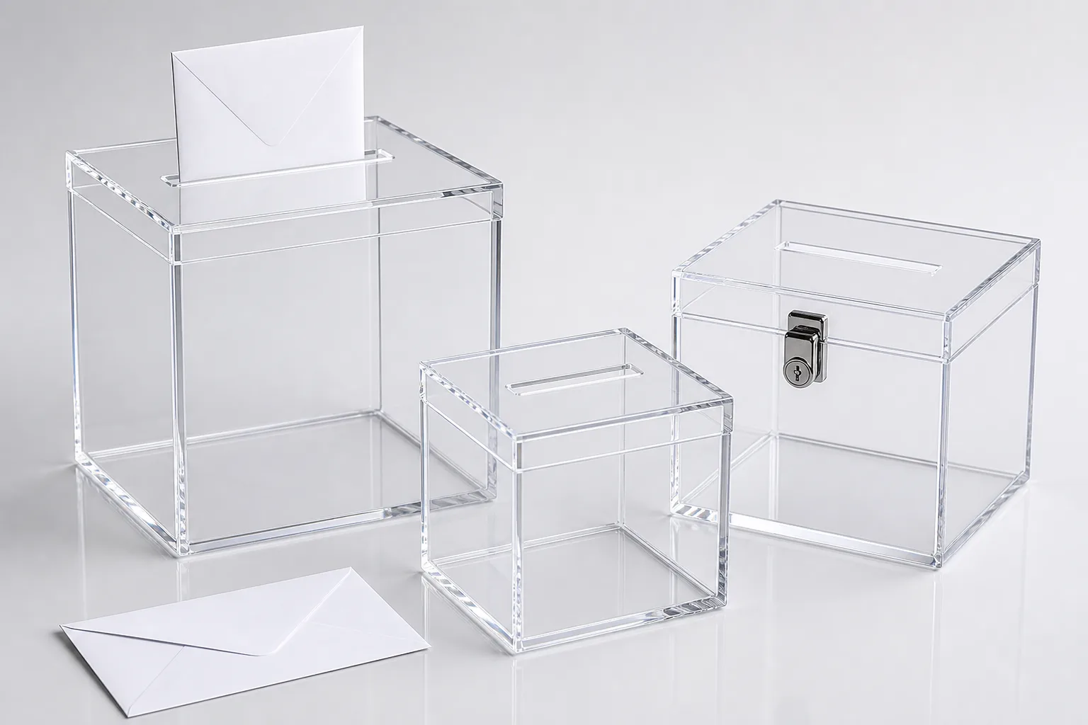 Custom acrylic card box styles on a clean light-gray background: personalized slot-top wedding card box, locking envelope box, and large-event card-collection box