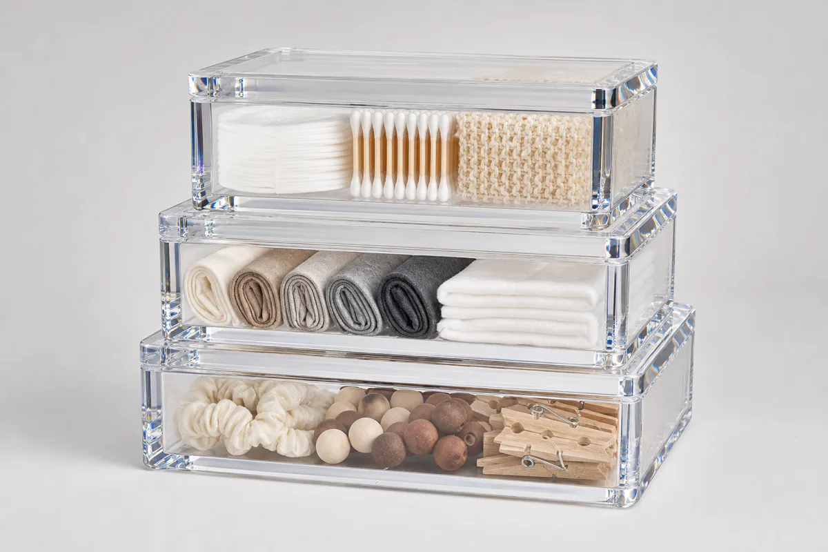 Clear acrylic storage containers and boxes in a range of sizes — stackable clear storage boxes beside mini clear cubes in optical-clear acrylic